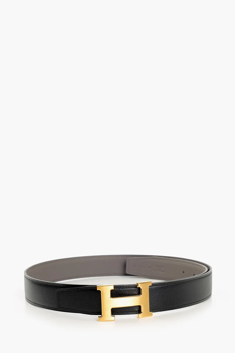 HERMÈS Reversible H Buckle Belt 32mm in Black/Tin Togo Calfskin GHW 0