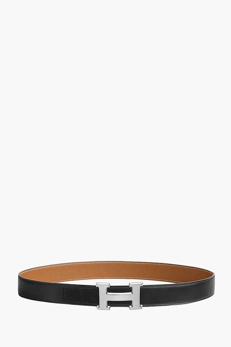 HERMÈS Reversible H Buckle Belt 32mm in Black/Gold Togo Calfskin Brushed Palladium 0