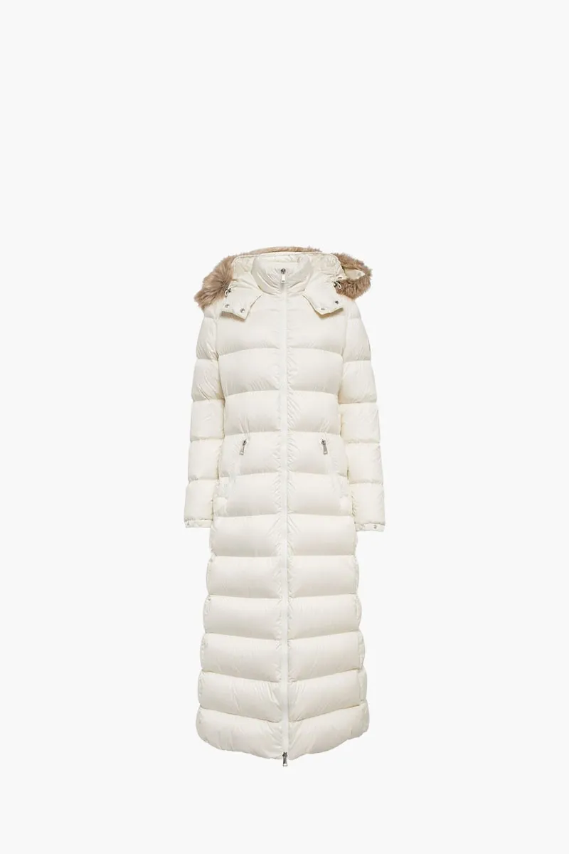 MONCLER Women Fudson Quilted Long Down Coat in White Nylon 0