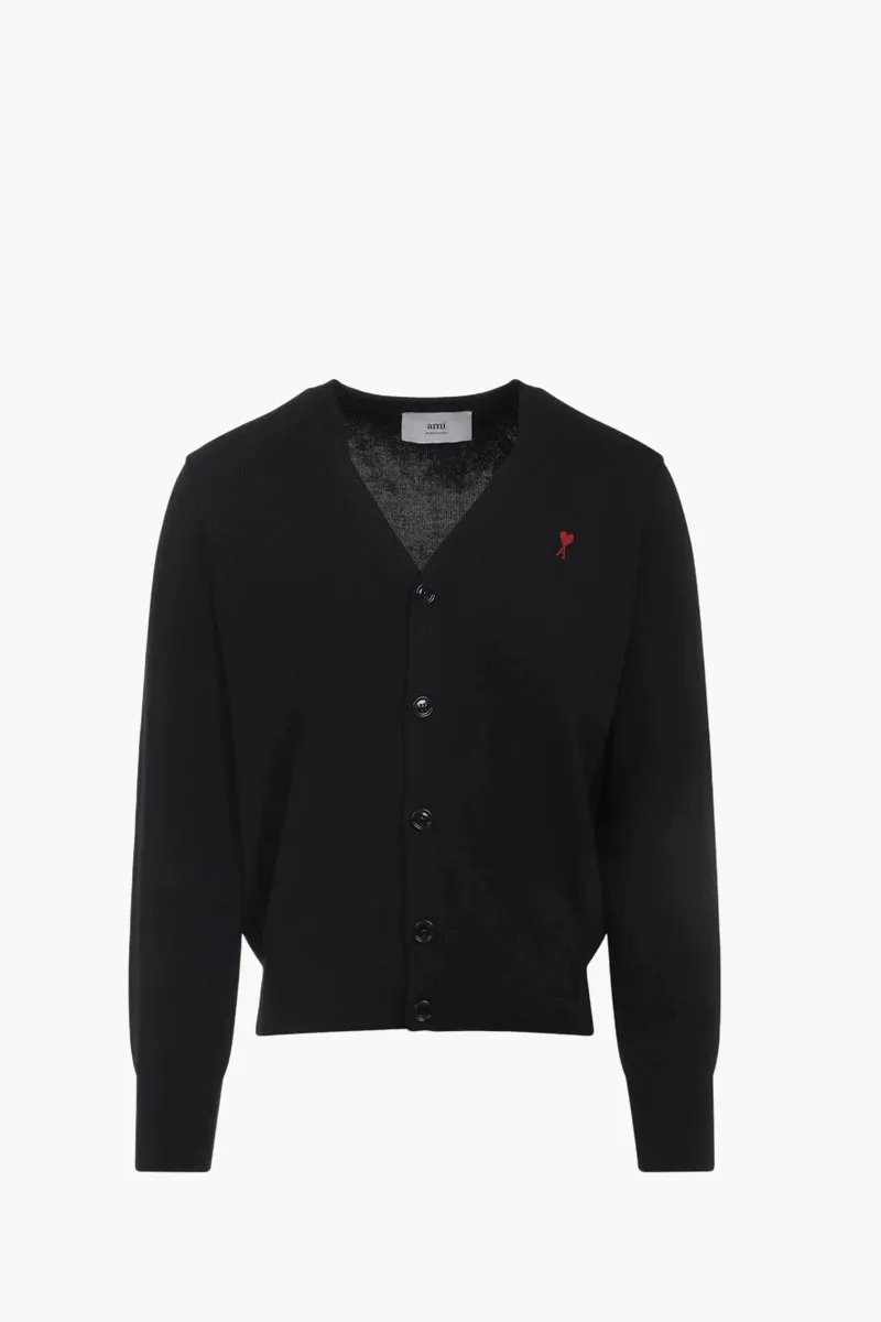 AMI De Coeur Cardigan in Black/Red Merino Wool Knit 0