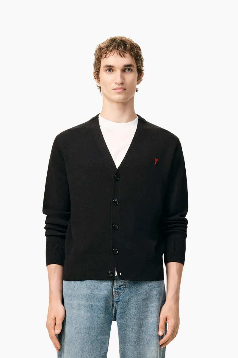 AMI De Coeur Cardigan in Black/Red Merino Wool Knit 1