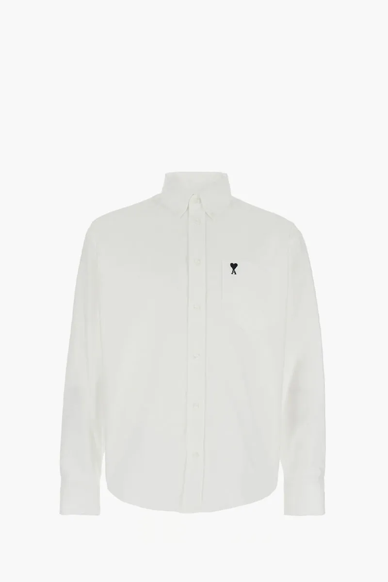 AMI Men Ami De Coeur Boxy Long Sleeves Button Shirt in Natural White/Black Oxford Cotton 0