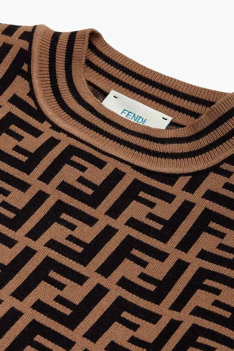 FENDI Kids Short Sleeved All Over Logo Knit Sweater in Brown/Black Viscose
 2