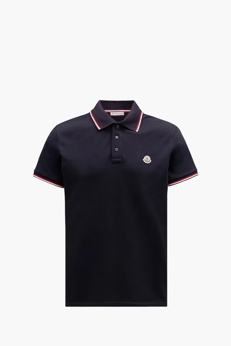 MONCLER Men Tricolor-Trimmed Polo Shirt in Dark Blue Cotton Piquet 0