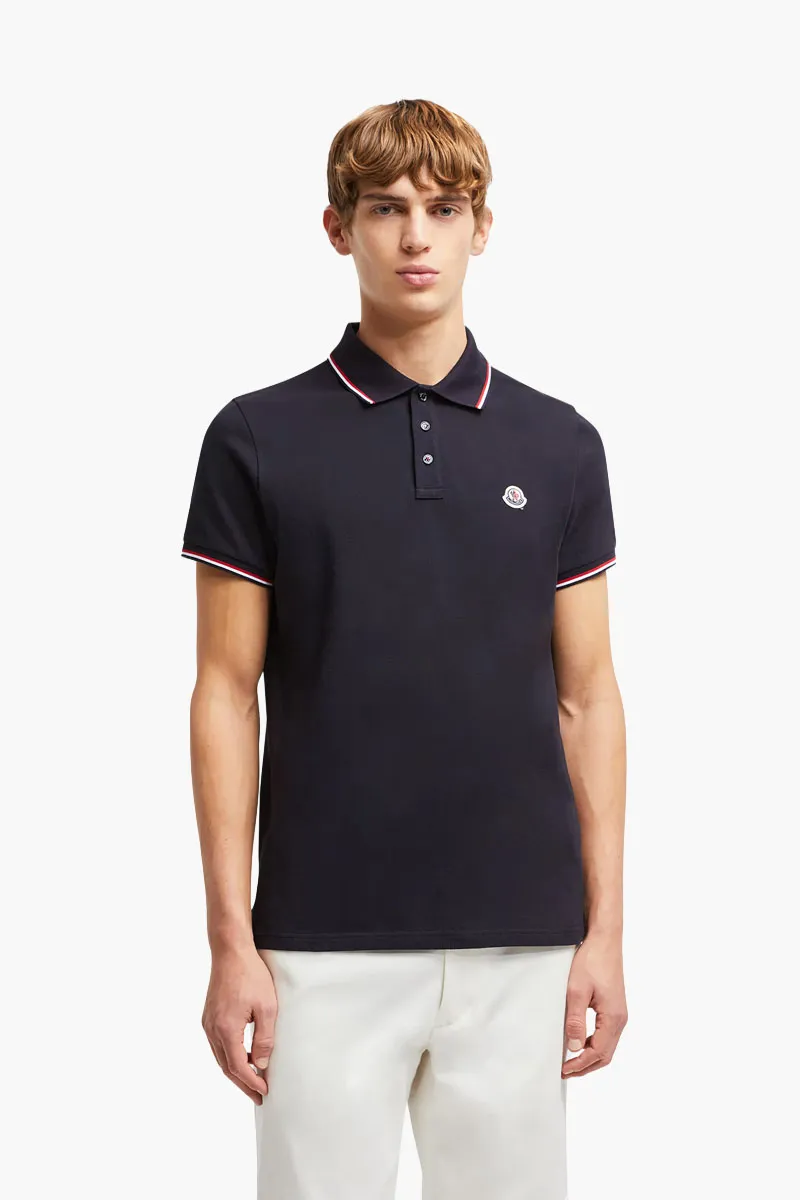 MONCLER Men Tricolor-Trimmed Polo Shirt in Dark Blue Cotton Piquet 1