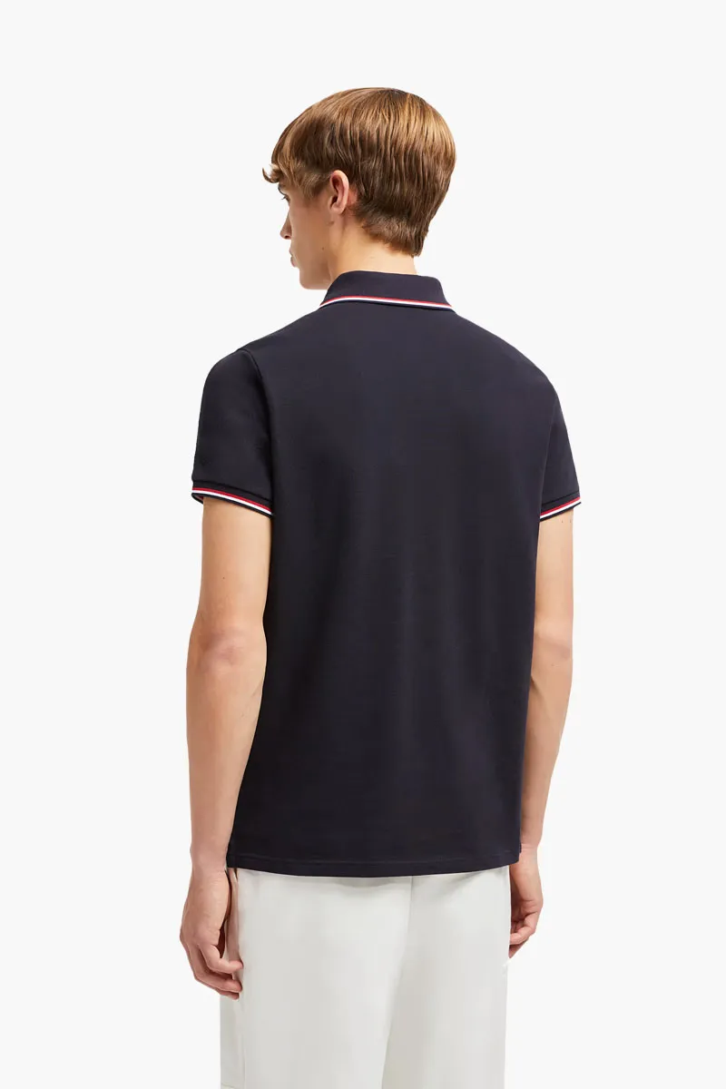 MONCLER Men Tricolor-Trimmed Polo Shirt in Dark Blue Cotton Piquet 2