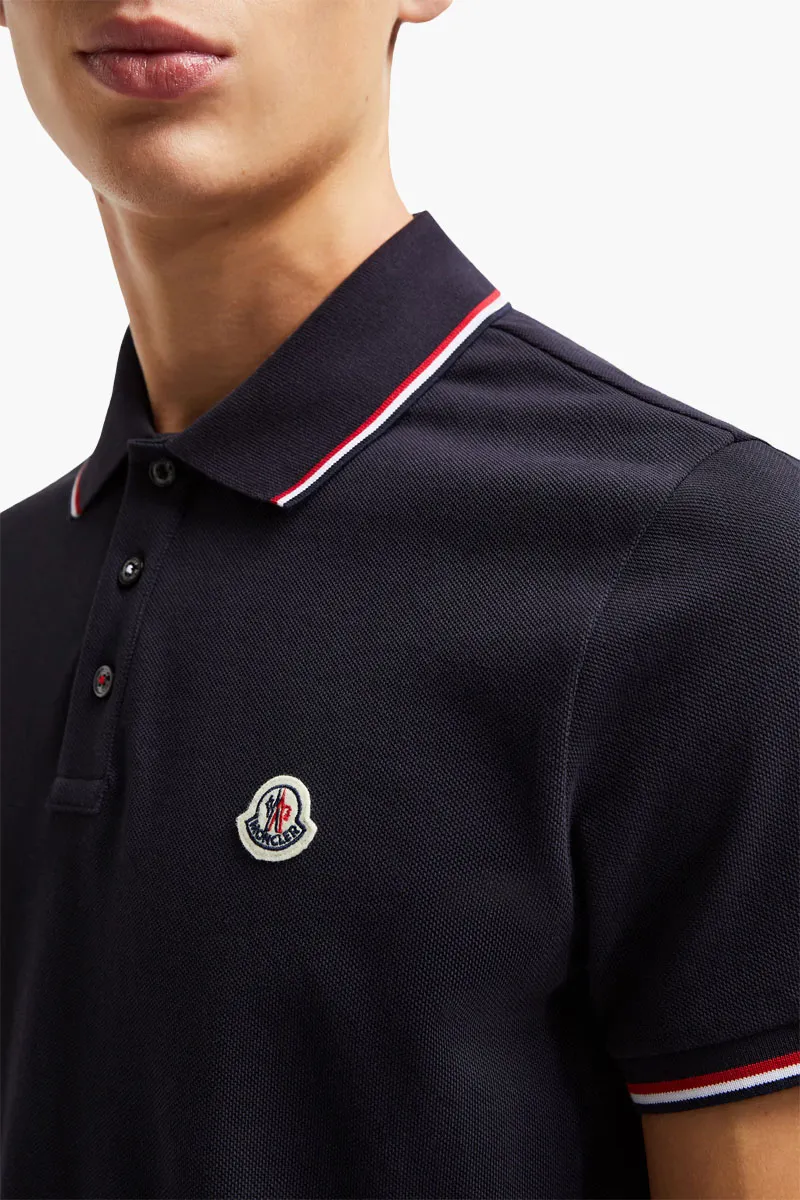 MONCLER Men Tricolor-Trimmed Polo Shirt in Dark Blue Cotton Piquet 3