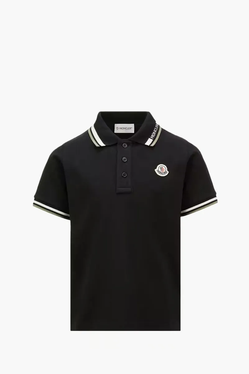 MONCLER Enfant Kid Tricolour-Trimmed Logo Polo Shirt in Black Cotton Piquet 0