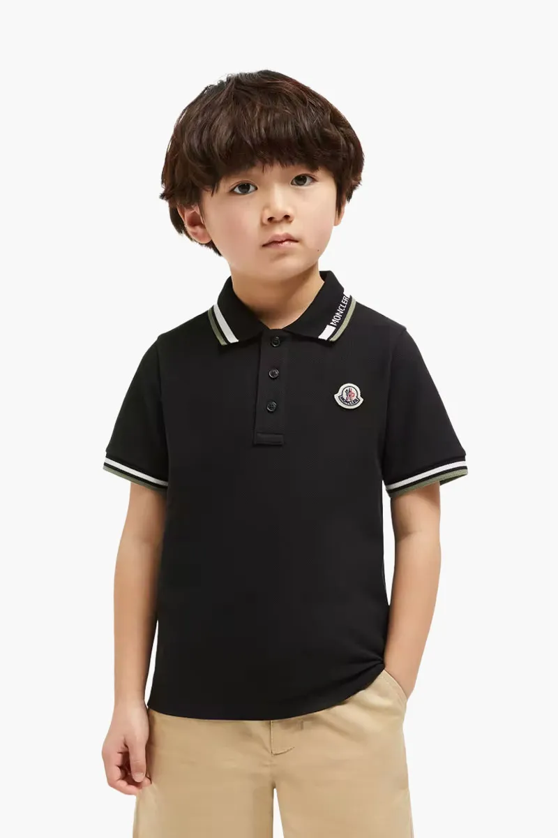 MONCLER Enfant Kid Tricolour-Trimmed Logo Polo Shirt in Black Cotton Piquet 1