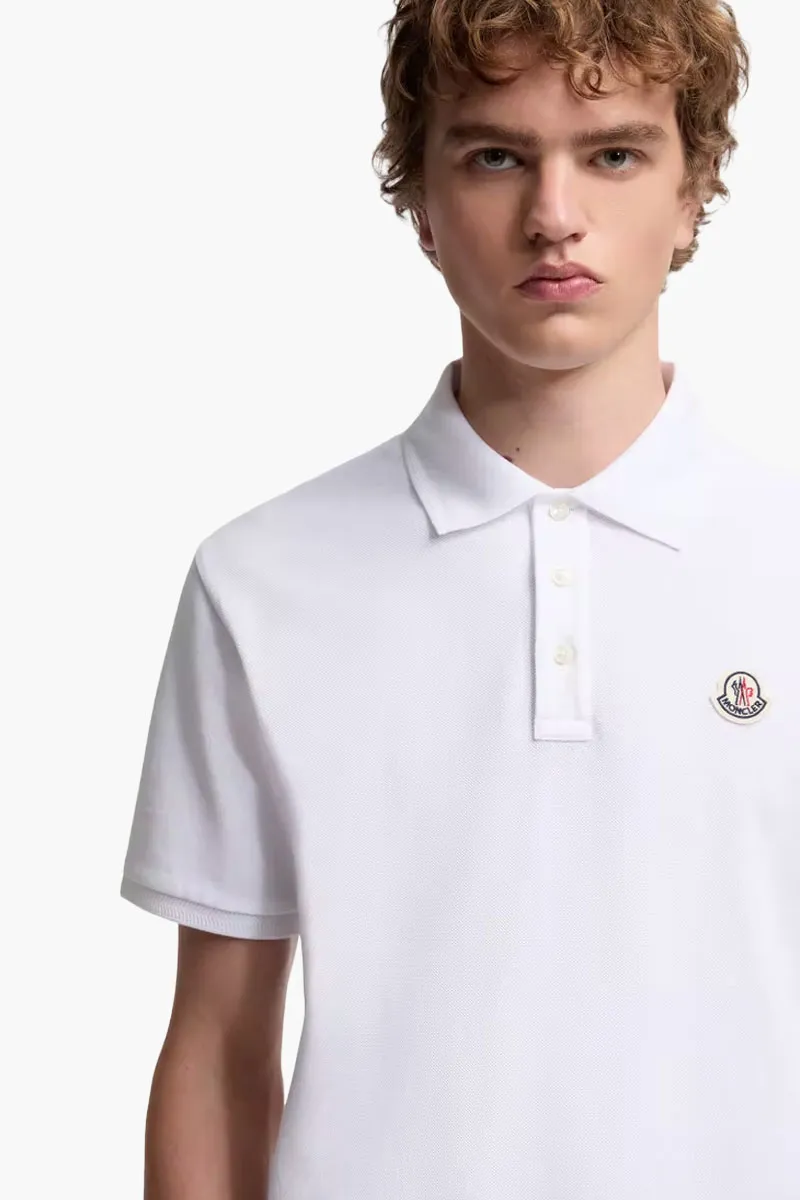 MONCLER Men Logo Patch Polo Shirt in White Cotton Piquet 3
