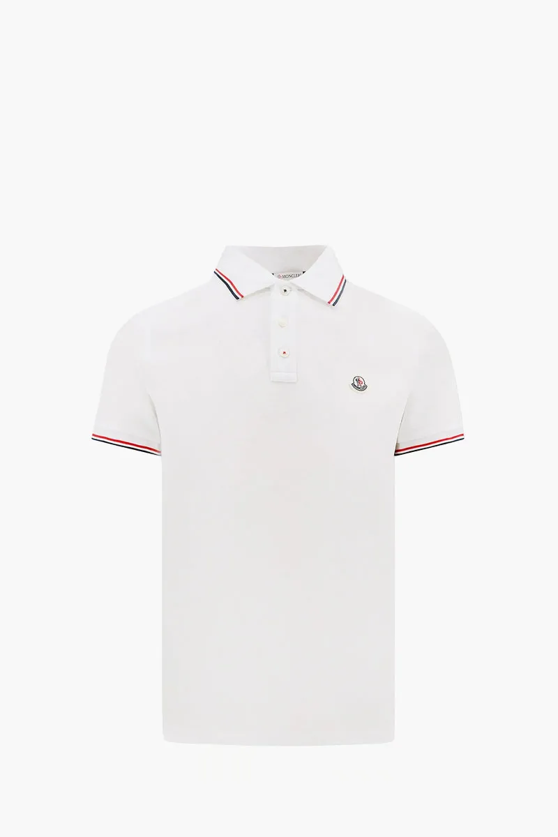 MONCLER Men Tricolor-Trimmed Polo Shirt in White Cotton Piquet 0