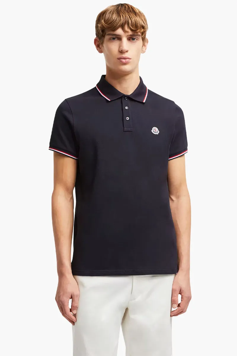 MONCLER Men Tricolor-Trimmed Polo Shirt in Dark Blue  Cotton Piquet 1