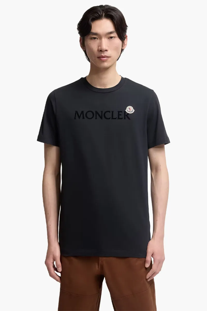 MONCLER Men Flocked Logo T-Shirt in Night Blue Cotton 1