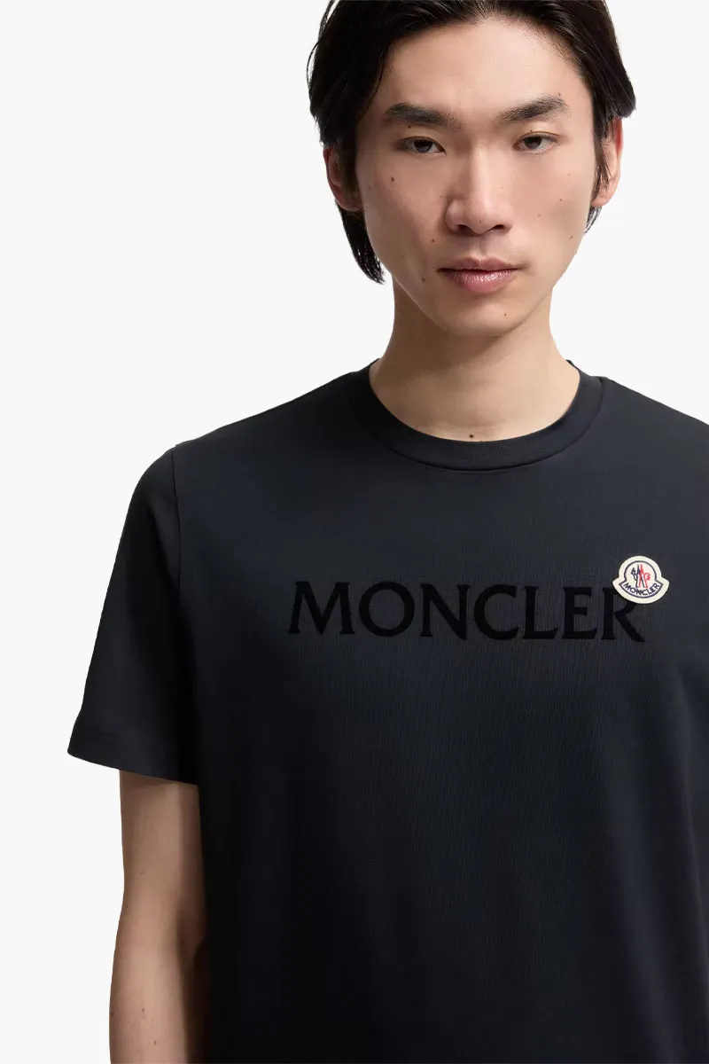 MONCLER Men Flocked Logo T-Shirt in Night Blue Cotton 3