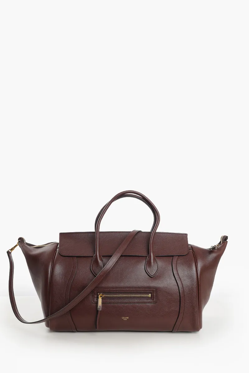 CELINE Medium Luggage Handbag in Dark Brown Soft Shiny Lambskin 0
