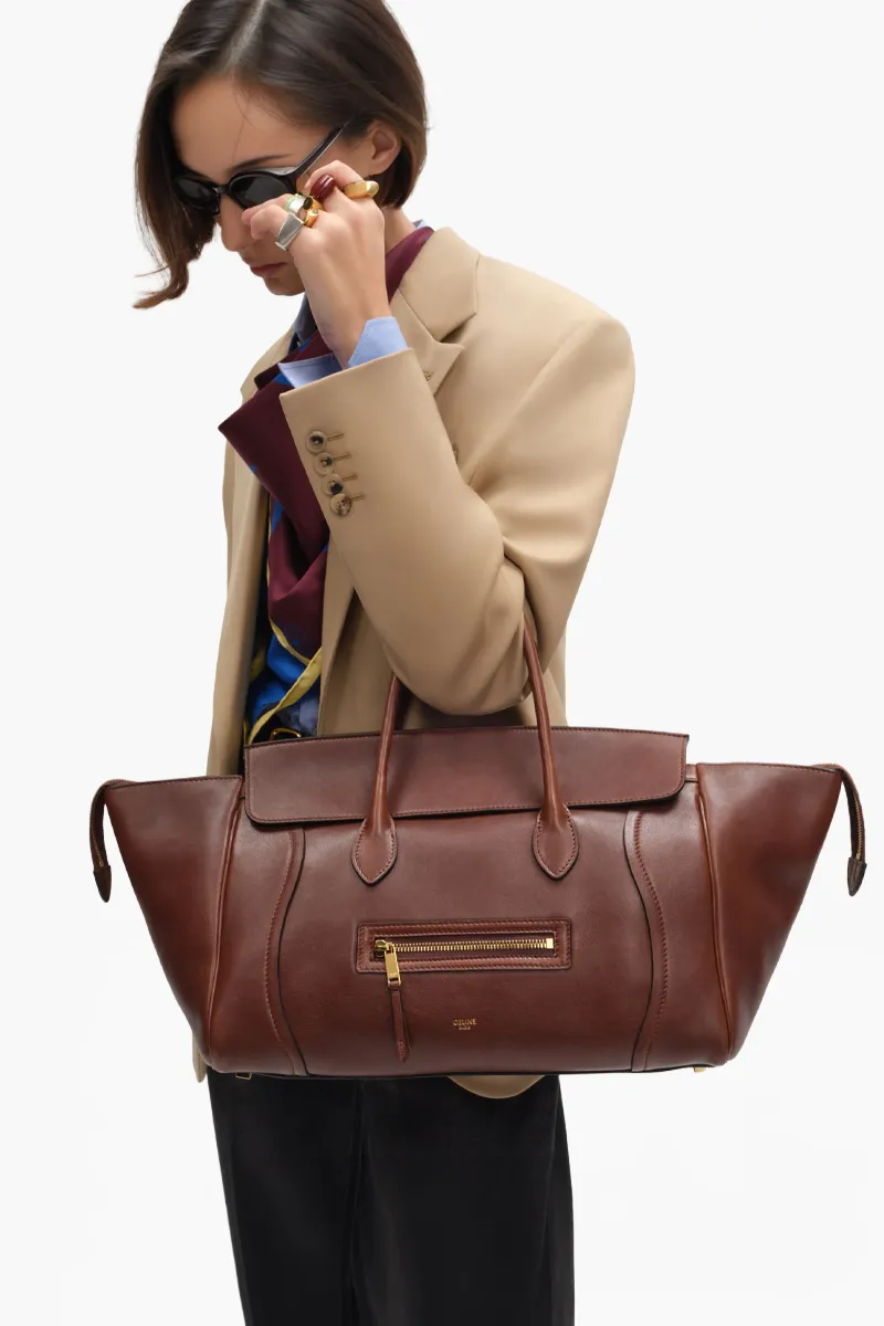 CELINE Medium Luggage Handbag in Dark Brown Soft Shiny Lambskin 3