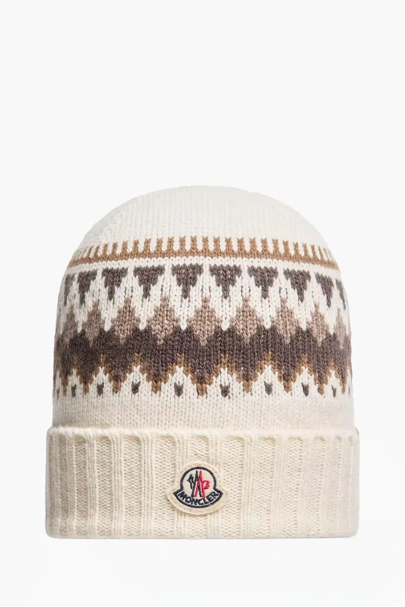 MONCLER Enfant Jacquard Knit Beanie in White Wool 0