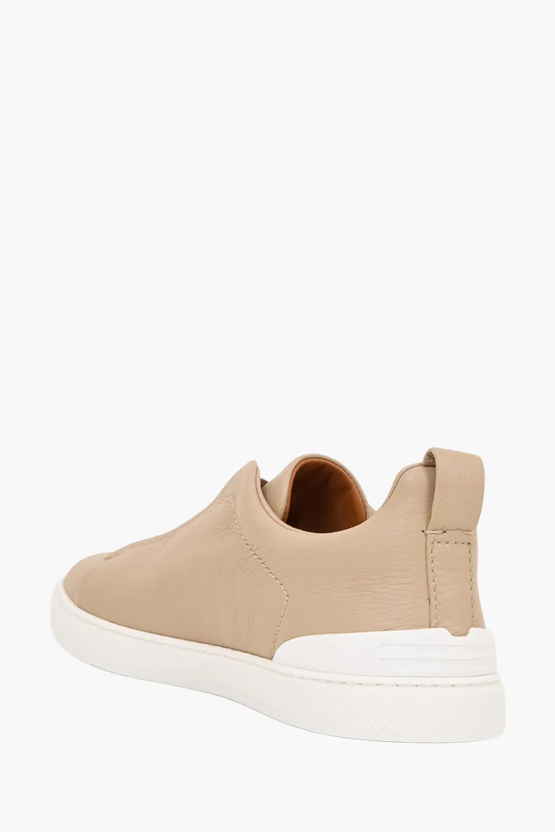 ZEGNA Men Triple Stitch Low Top Sneakers in Cream Deerskin 1