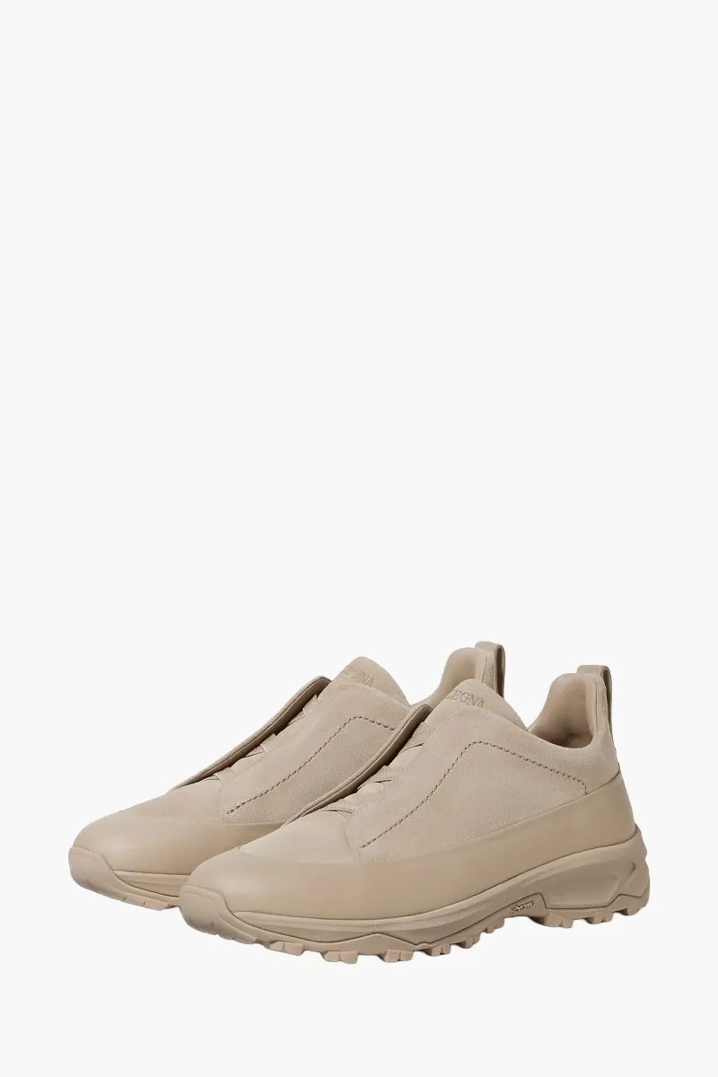 ZEGNA Triple Stitch Monte Sneakers in Light Taupe Calfskin Leather and Suede 0