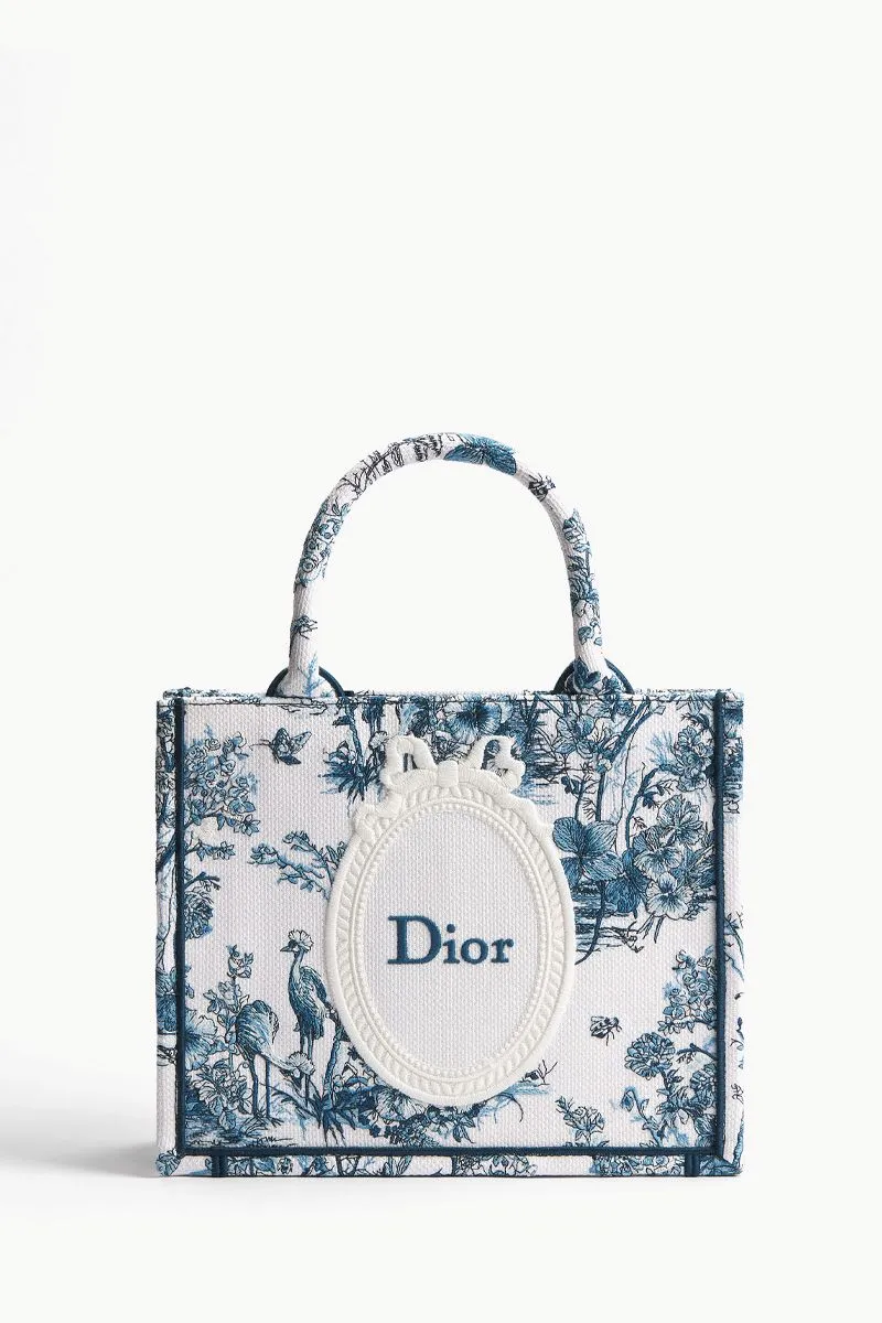 CHRISTIAN DIOR Medium Dior Book Tote Bag in Blue/White Toile De Jouy Floral Garden Embroidery and Dior Medallion 0