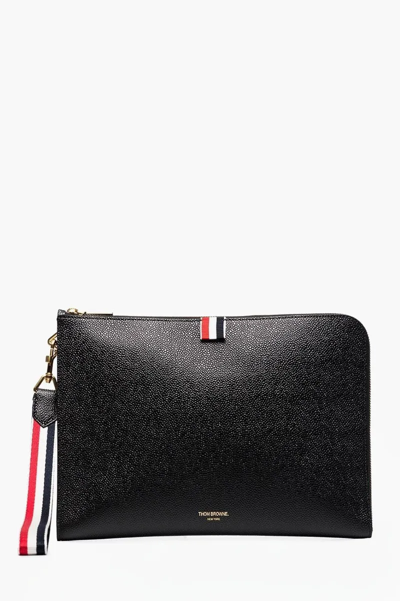 THOM BROWNE Medium RWB Strap Gusset Folio Bag in Black Pebble Grain Leather 0