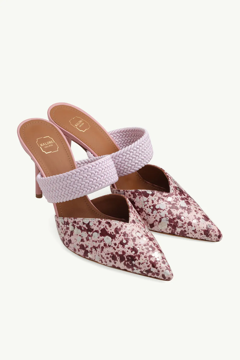 MALONE SOULIERS Maisie Heeled Mules 85mm in Rose/Pink Multicolor Embossed Leather with Tonal Trim 1