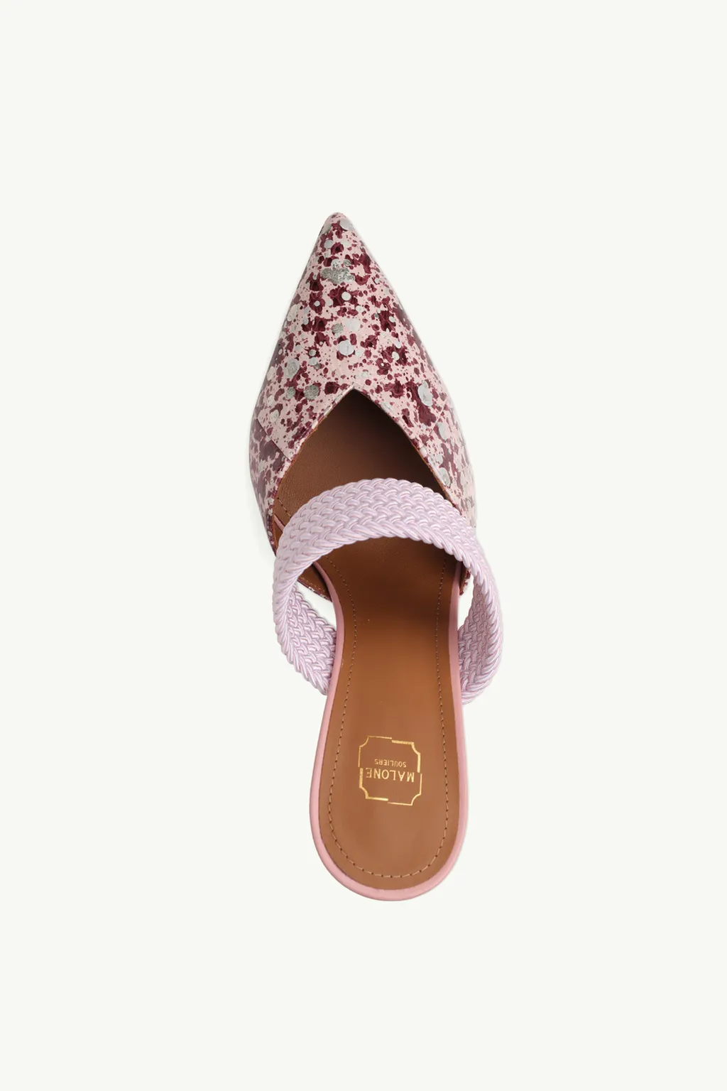MALONE SOULIERS Maisie Heeled Mules 85mm in Rose/Pink Multicolor Embossed Leather with Tonal Trim 3