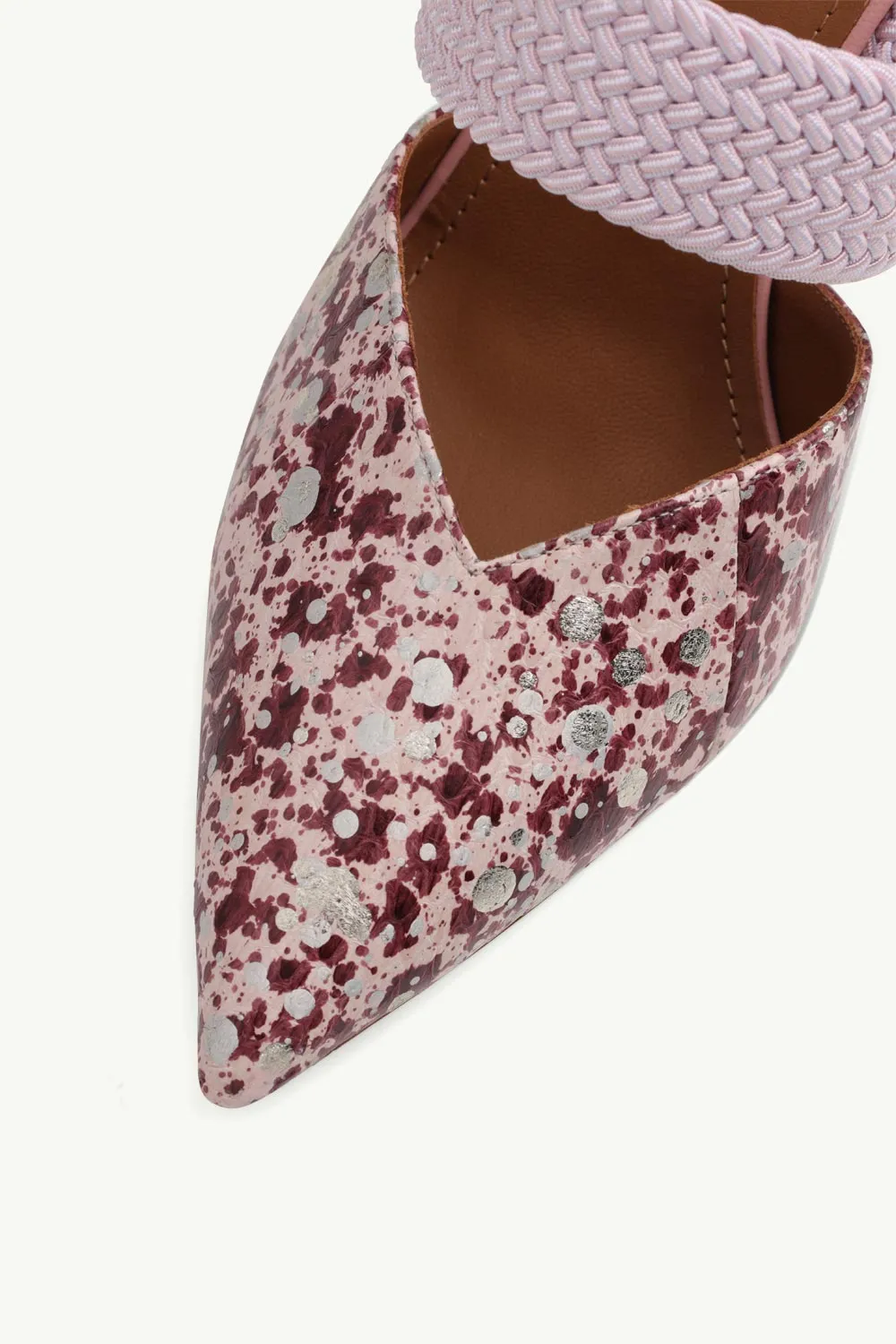MALONE SOULIERS Maisie Heeled Mules 85mm in Rose/Pink Multicolor Embossed Leather with Tonal Trim 4