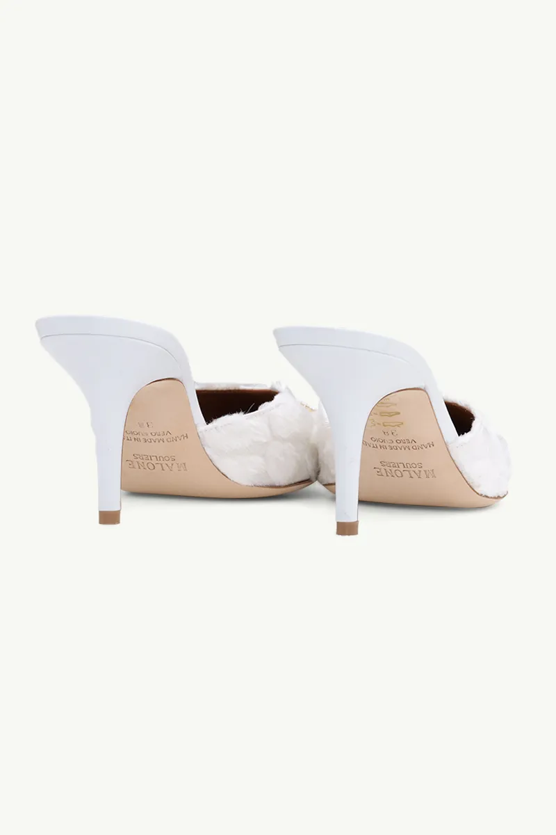 MALONE SOULIERS Missy Stiletto Mules 70mm in White/White Denim Flocked Satin 2