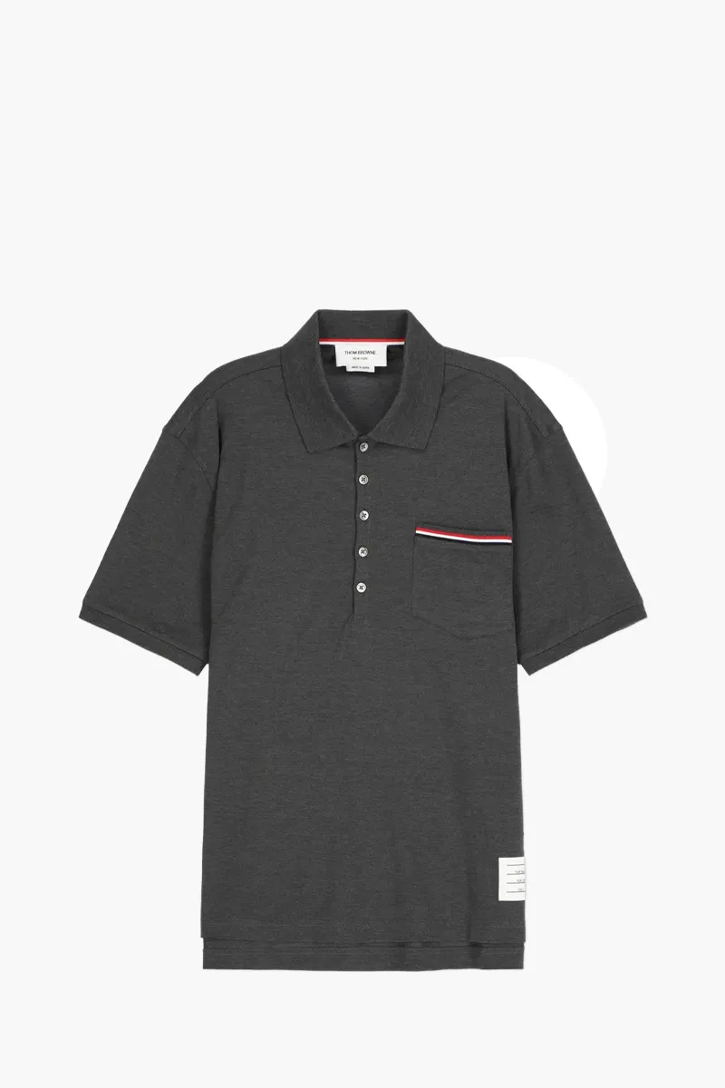 THOM BROWNE Men Pique Pocket Polo Shirt in Dark Grey Cotton 0