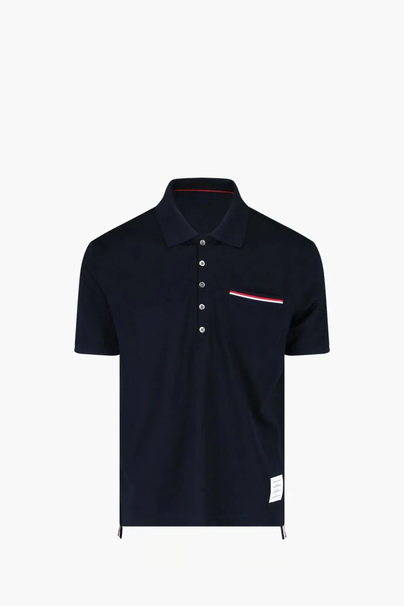 THOM BROWNE Men Pique Pocket Polo Shirt in Navy Cotton 0