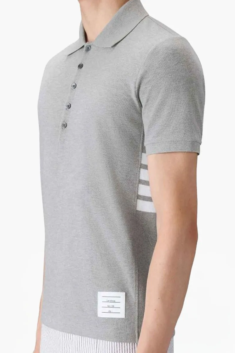 THOM BROWNE Men 4-Bar Classic Pique Polo Shirt in Light Grey Cotton 3