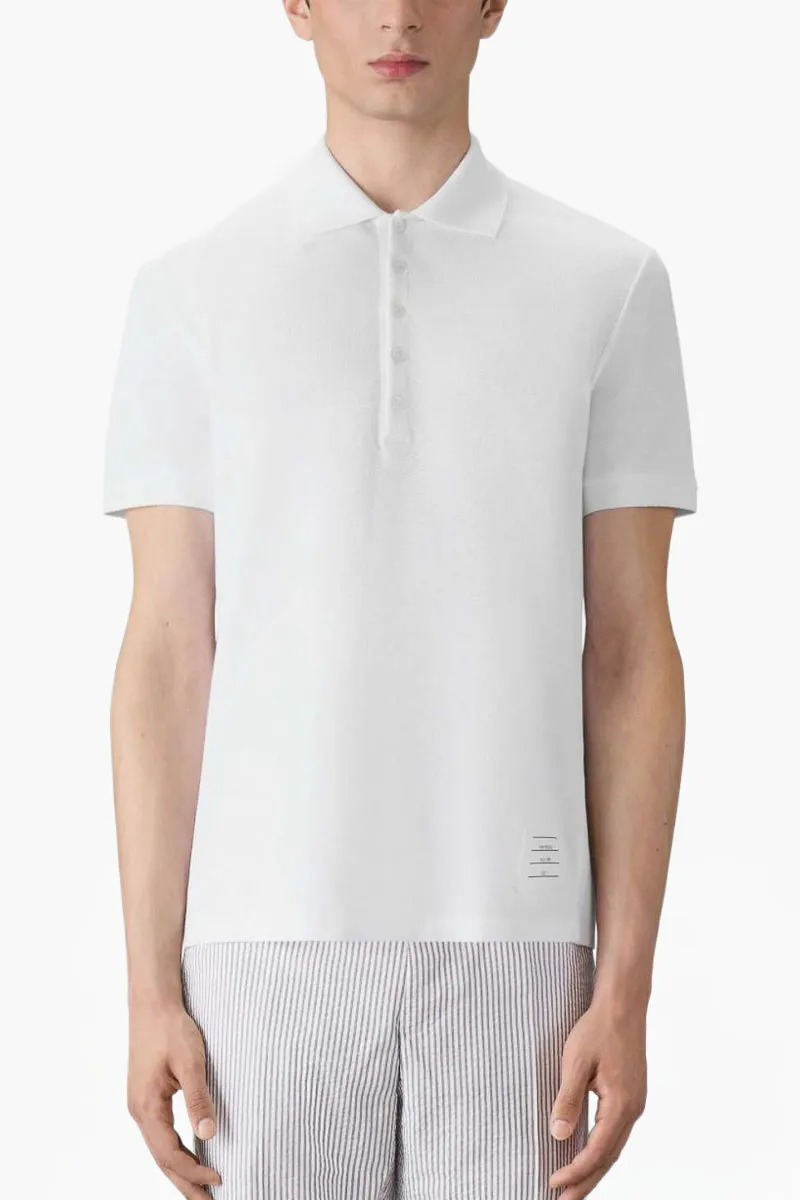 THOM BROWNE Men 4-Bar Classic Pique Polo Shirt in White Cotton 1