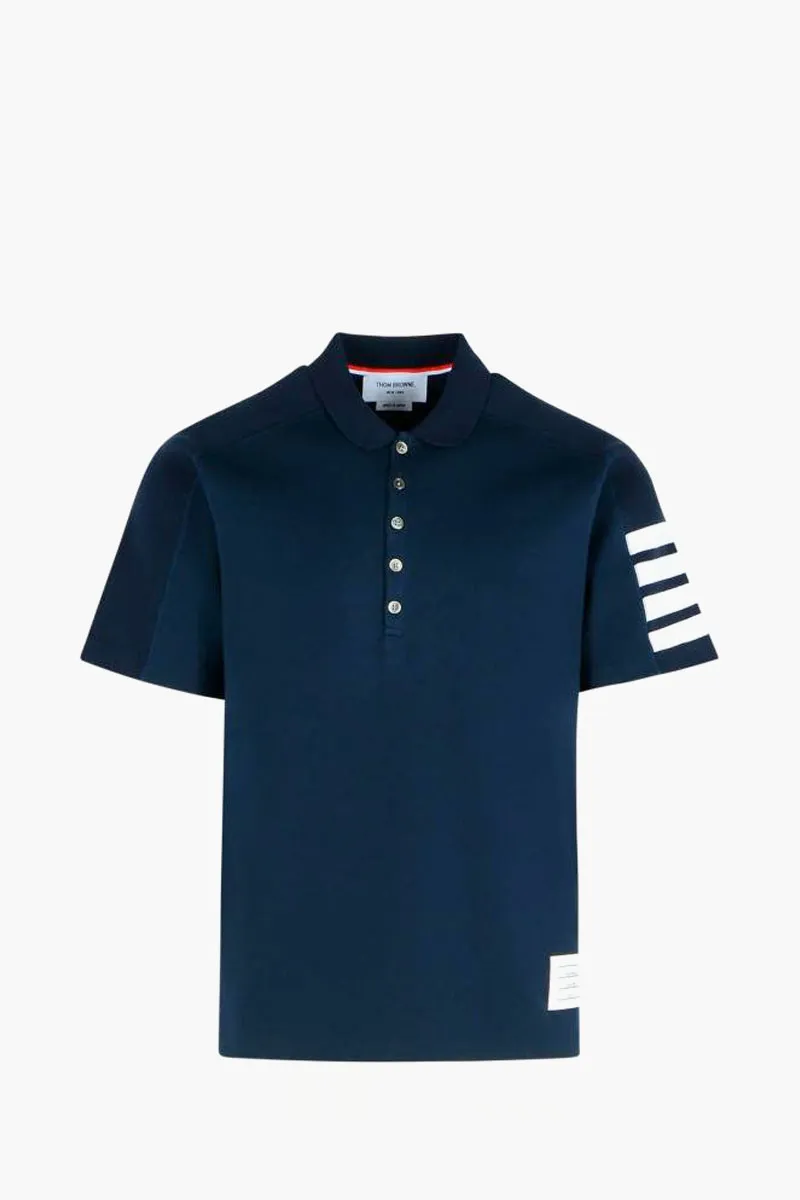 THOM BROWNE Men 4-Bar Mini Collar Polo Shirt in Navy Cotton 0