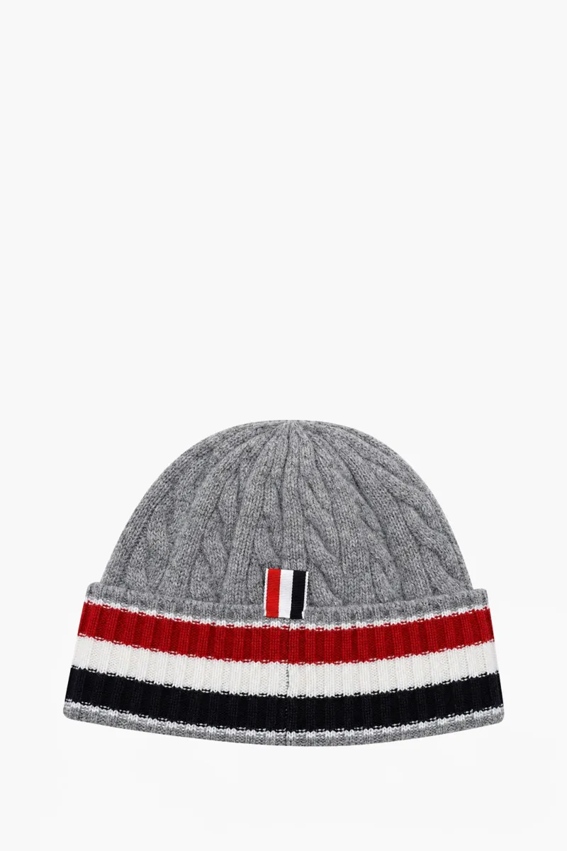 THOM BROWNE Cable And Rib Knit Beanie in Light Grey Merino Wool with RWB Stripe 1