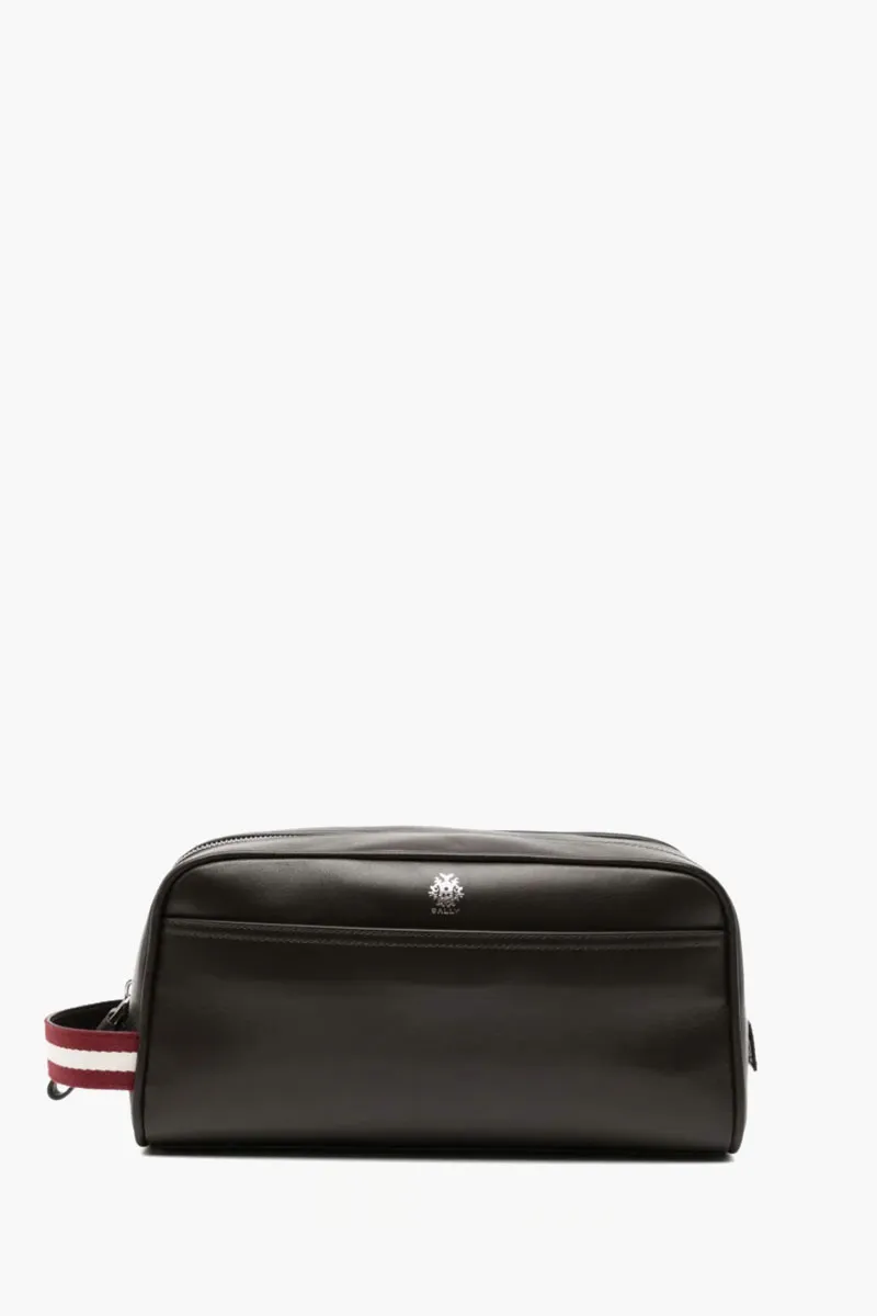 BALLY Logo Ray Travel Washbag in Dark Brown Leather 0
