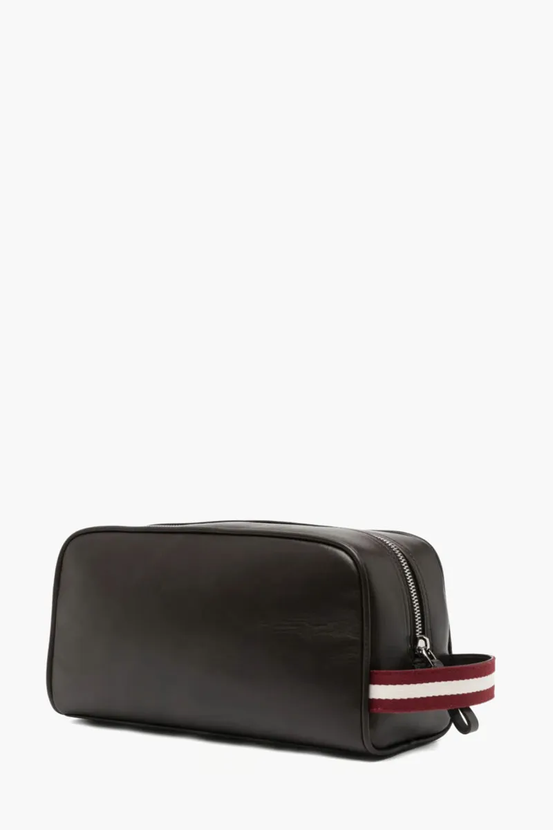 BALLY Logo Ray Travel Washbag in Dark Brown Leather 1
