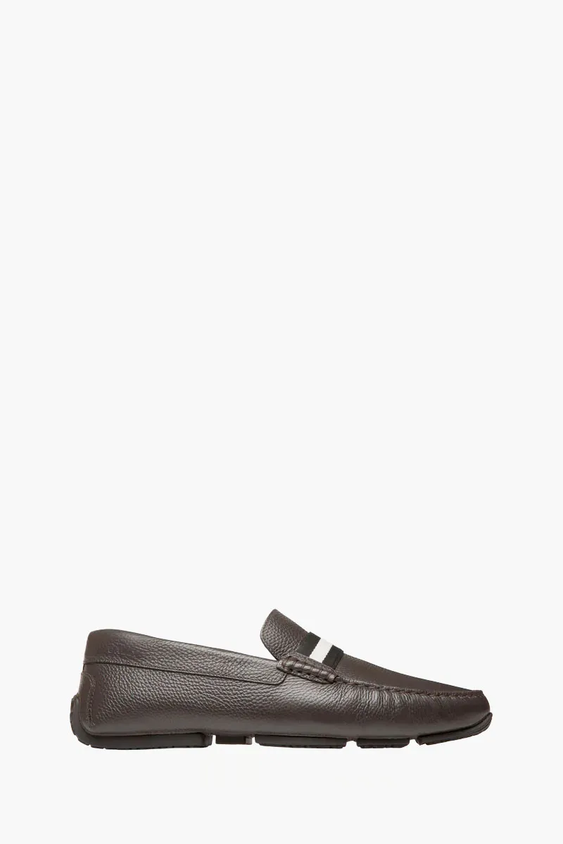 BALLY Men Perthy Pilot Driver Loafers in Brown/Black/White Grained Bovine Leather with Ribbon 0