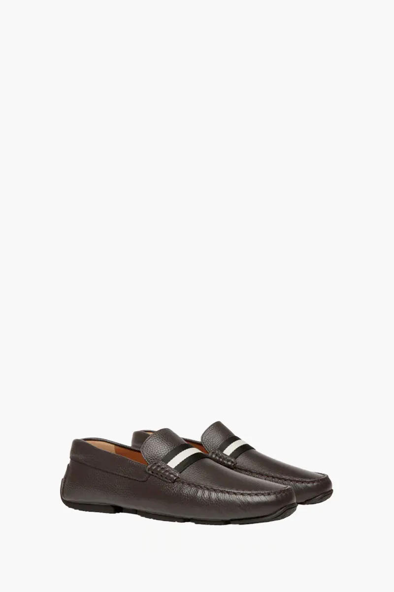 BALLY Men Perthy Pilot Driver Loafers in Brown/Black/White Grained Bovine Leather with Ribbon 2