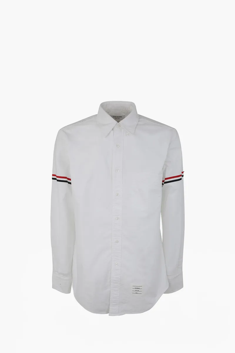 THOM BROWNE Men Oxford Striped Grosgrain Armband Classic Shirt in White Cotton 0