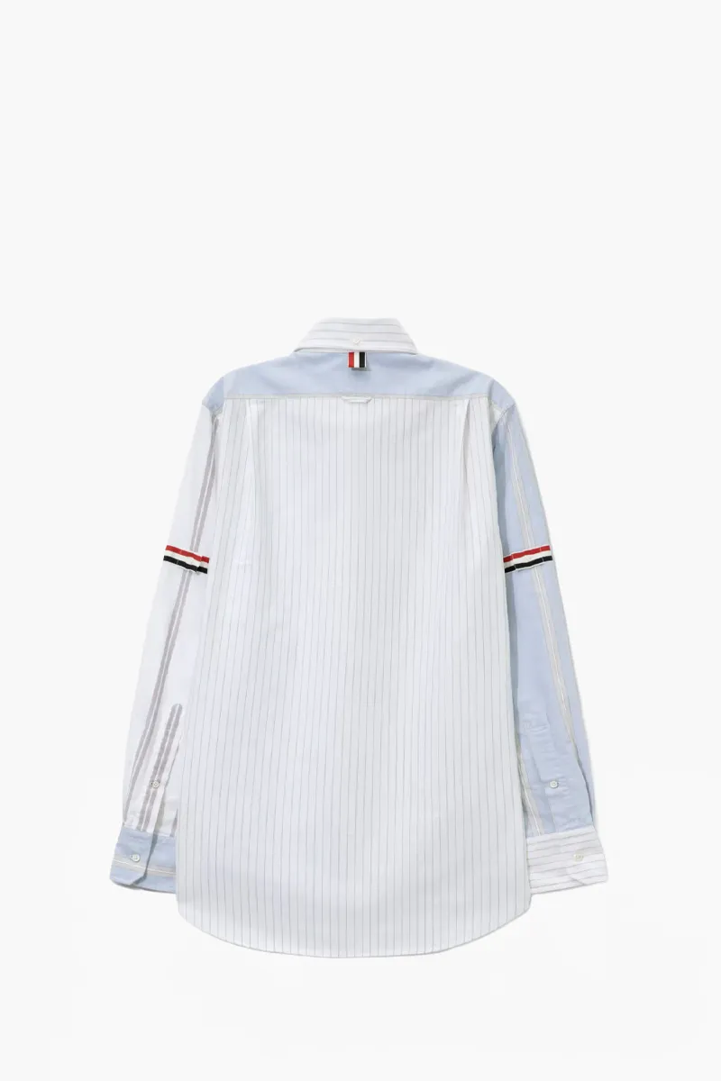 THOM BROWNE Men Funmix Oxford Striped Grossgrain Armband Shirt in Light Blue Cotton 1