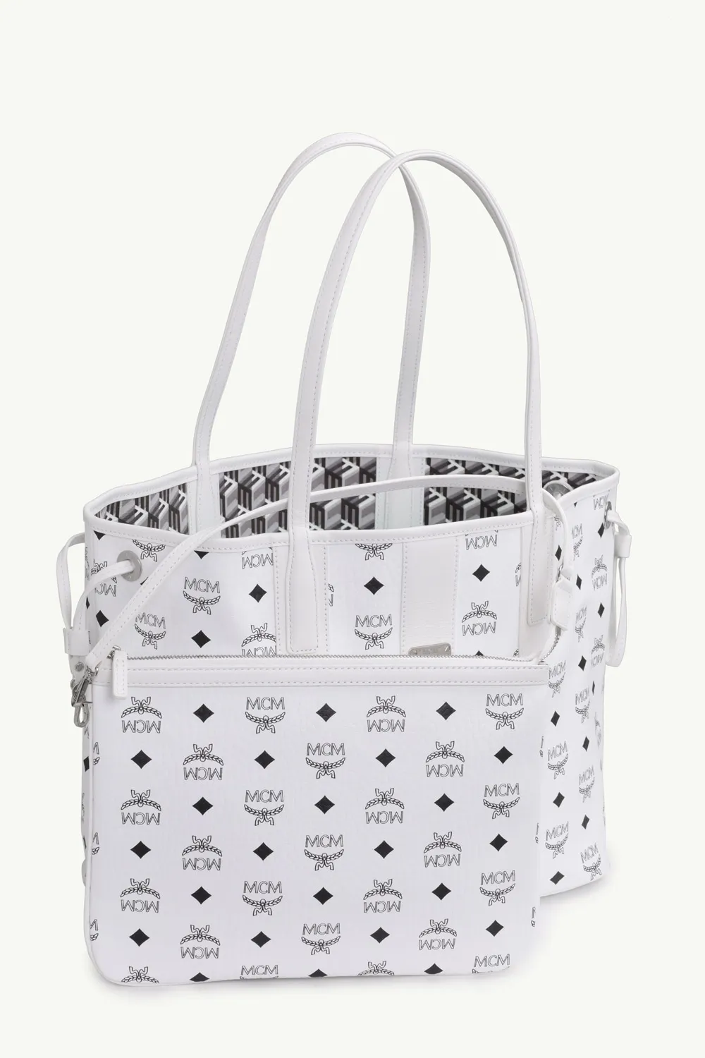 MCM Medium Liz Reversible Shopper Tote Bag in White Visetos with Removable Zip Pouch 2