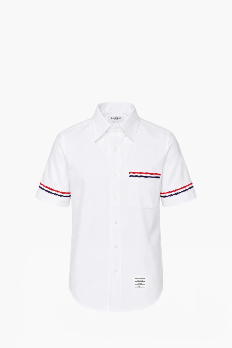 THOM BROWNE Men Embroidered Stitch RWB Short Sleeves Shirt in White Cotton 0