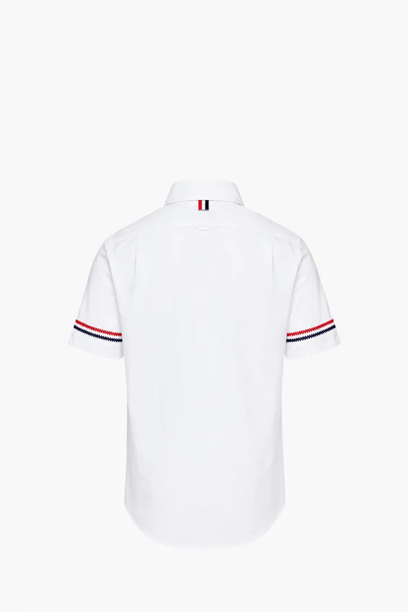 THOM BROWNE Men Embroidered Stitch RWB Short Sleeves Shirt in White Cotton 1