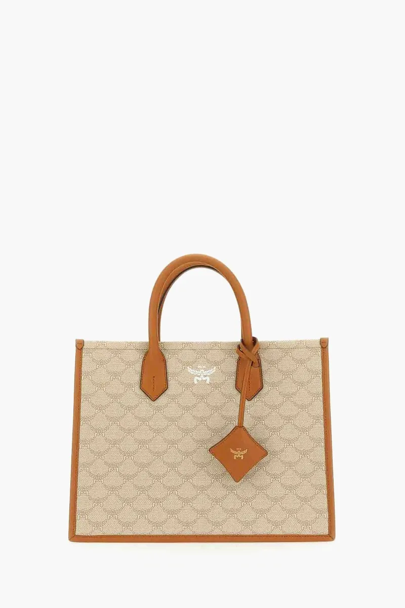 MCM Medium Himmel Tote Bag in Beige Printed Canvas with Shoulder Strap 0