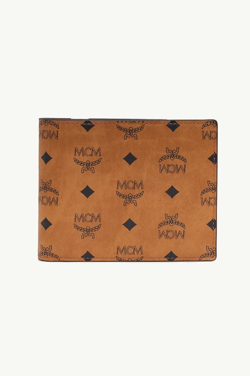 MCM Small Original Bifold Wallet in Cognac Visetos Leather with Card Holder 0
