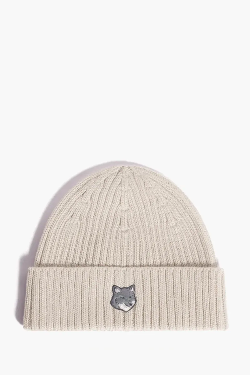MAISON KITSUNE Fox Head Beanie in Moon Beige Wool 0