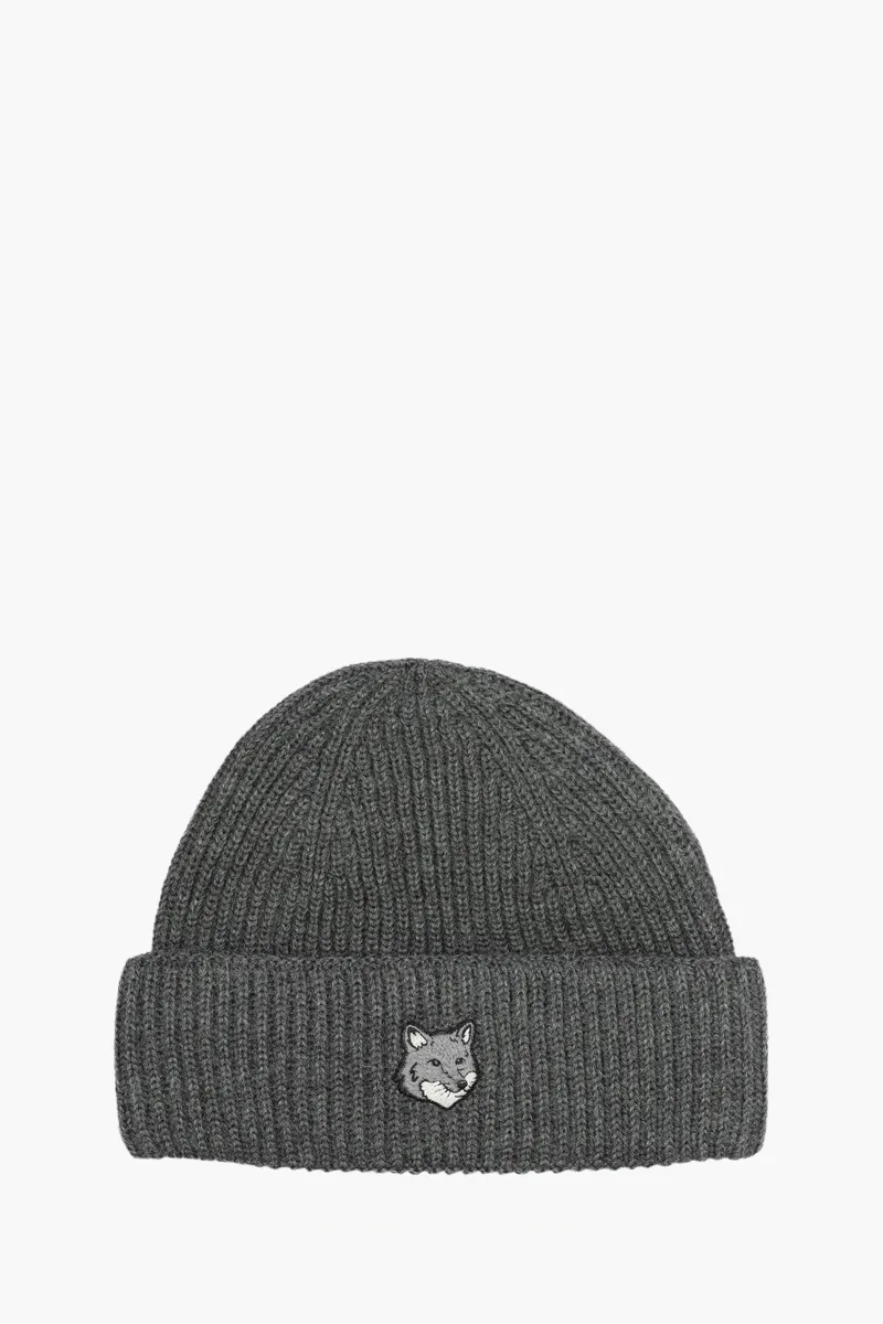 MAISON KITSUNE Fox Head Beanie in Dark Grey Melange Wool 0