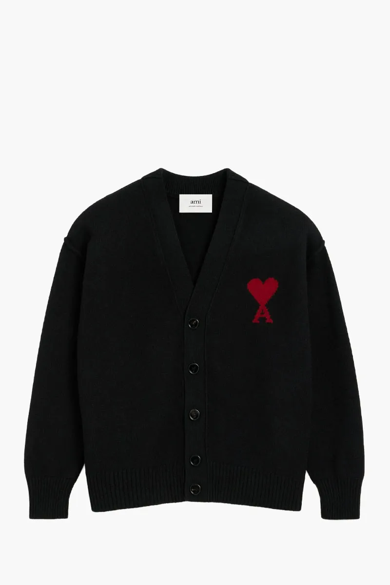 AMI De Coeur Cardigan in Black/Red Felted Merino Wool Knit 0