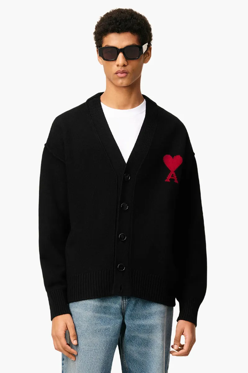 AMI De Coeur Cardigan in Black/Red Felted Merino Wool Knit 1